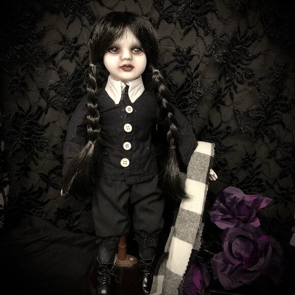 OOAK Creepy Odd 16” Wednesday Addams Halloween Inspired Artist Fan Art Doll - Picture 15 of 16